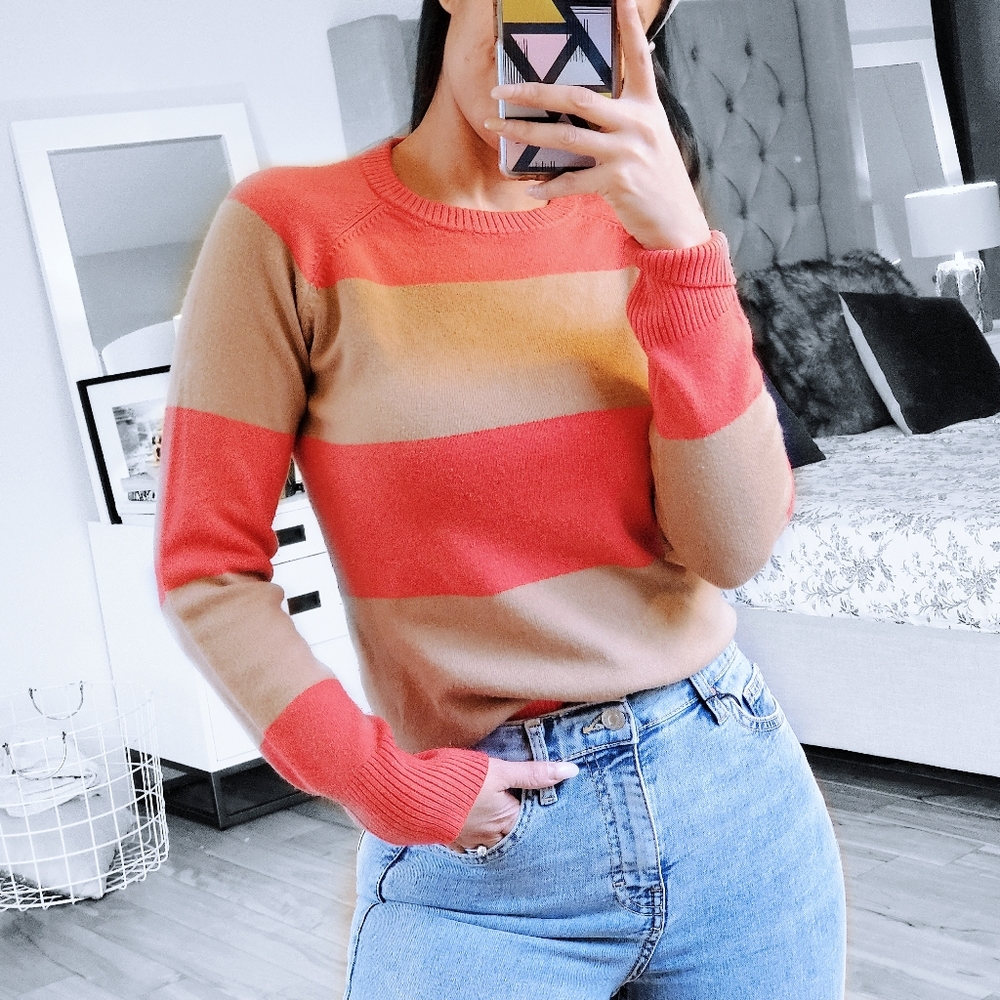 French Connection Color Block Orange Tan Sweater - image 1